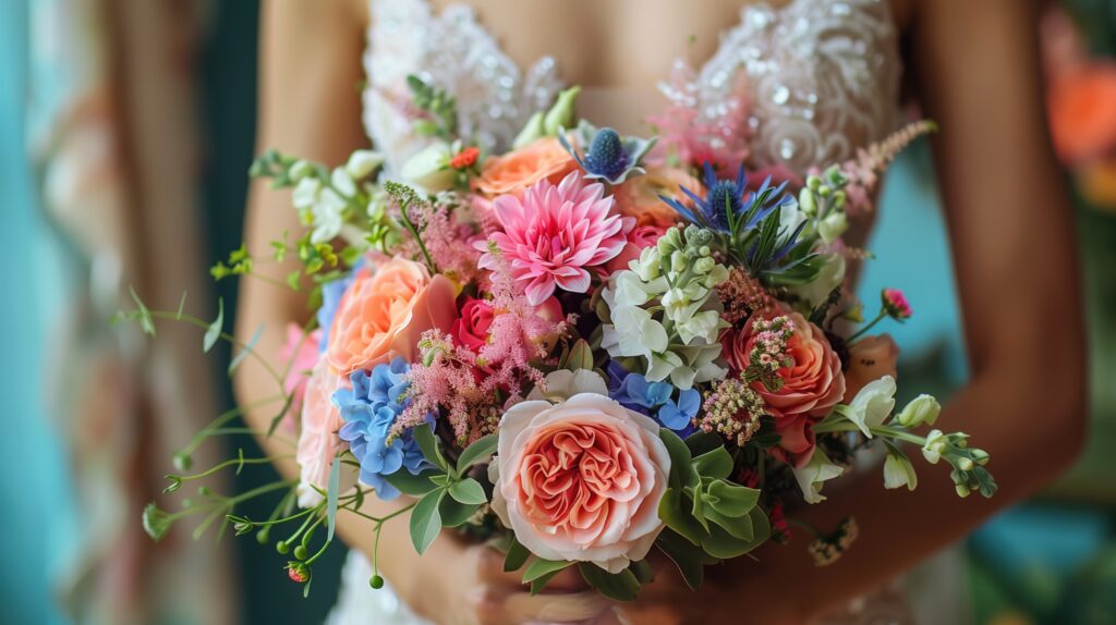 bride with flower arrangement designed with a wedding coordinator